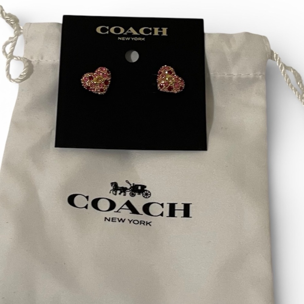 Coach Pavé Heart Stud Earrings in Gold/Pink With Signature C - NWT ***